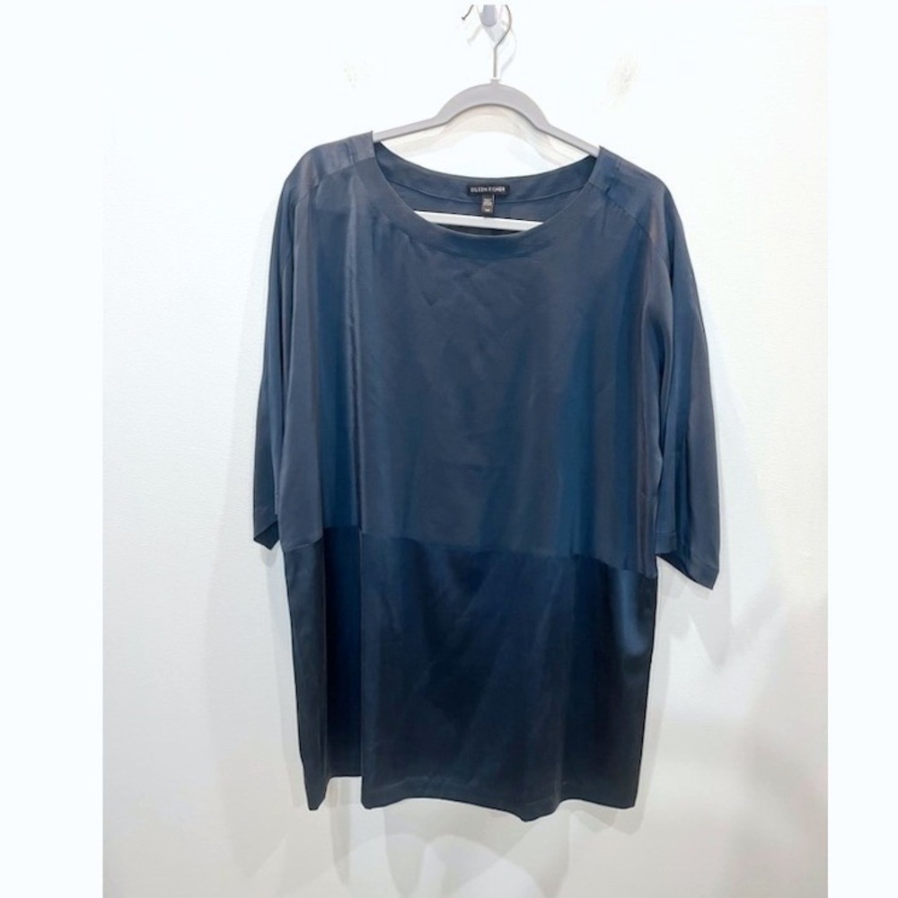 Eileen Fisher Mixed Media 100% Silk Tunic Blouse Sz S Navy Minimalist Lagenlook